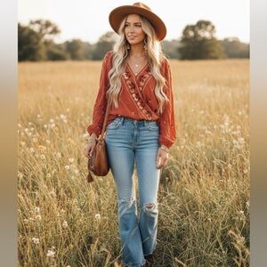 Floral Embroidered Wrap Blouse in Rust